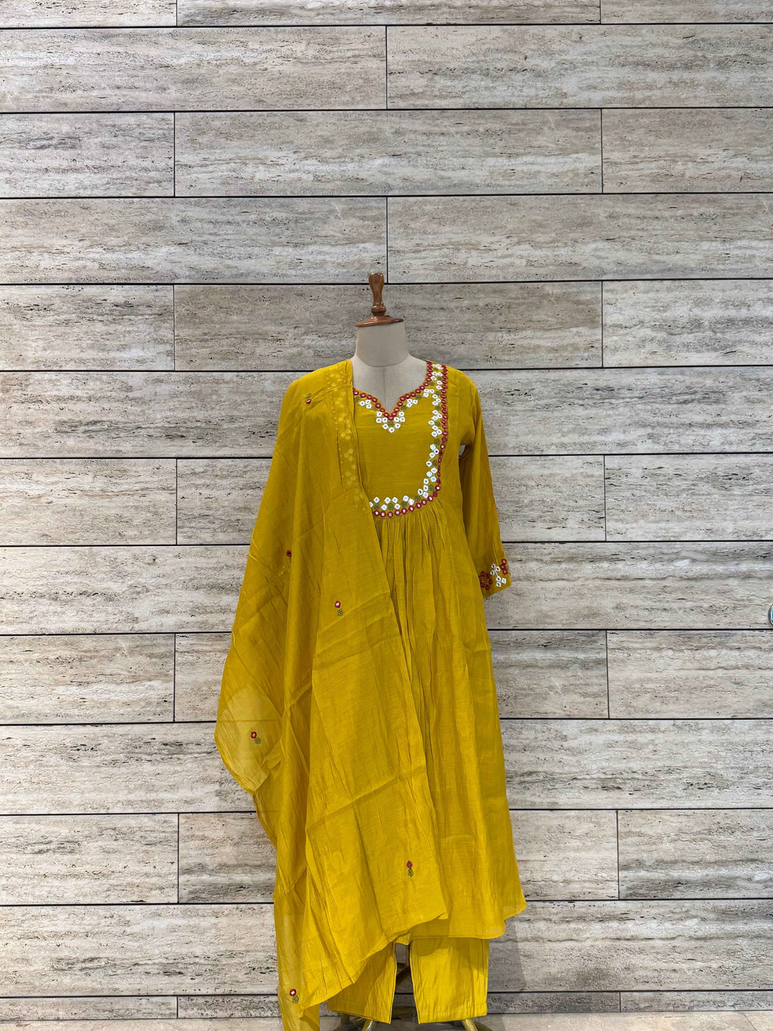 Pure Mul Chanderi A Line Dupatta Set With Mirror Work