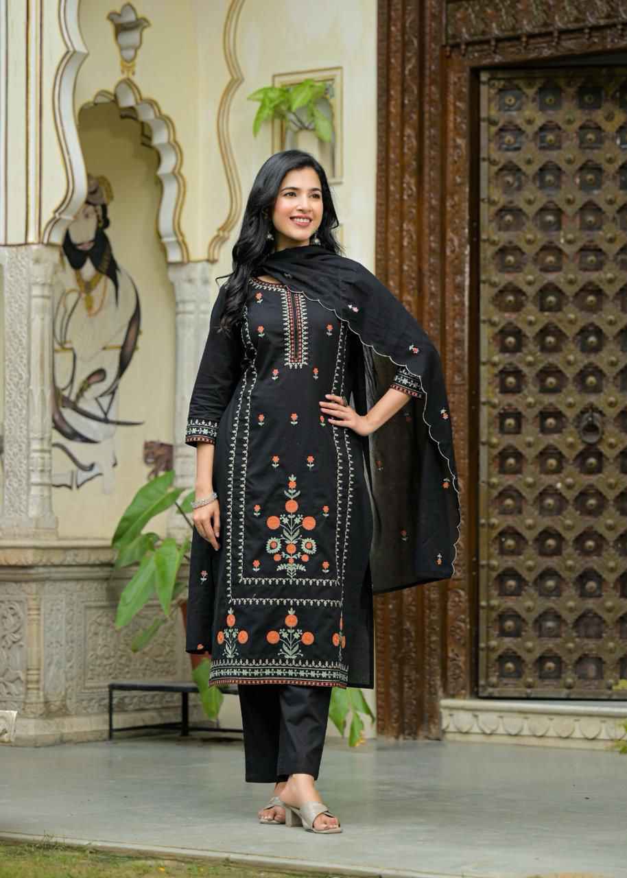 Pure Cotton Straight Dupatta Set With Embroidery Work