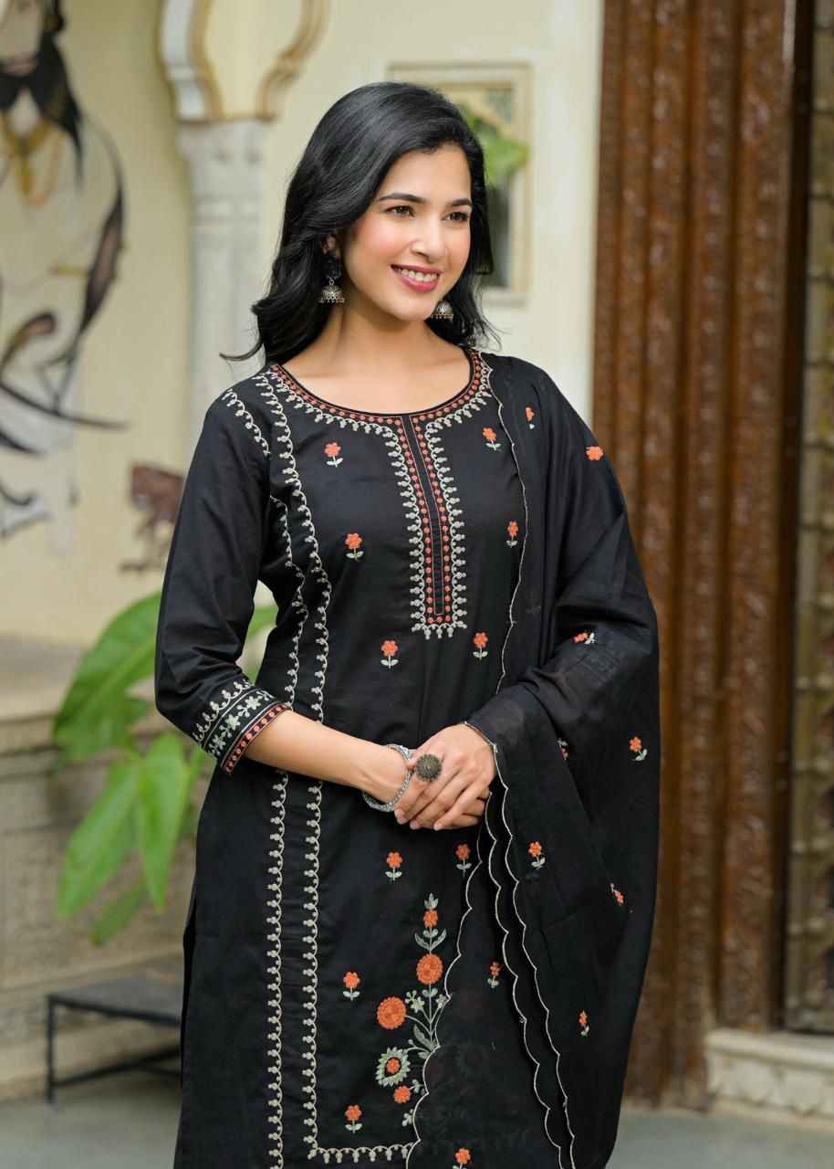 Pure Cotton Straight Dupatta Set With Embroidery Work