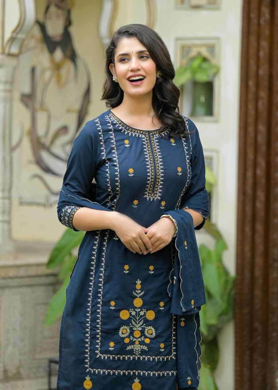 Pure Cotton Straight Dupatta Set With Embroidery Work