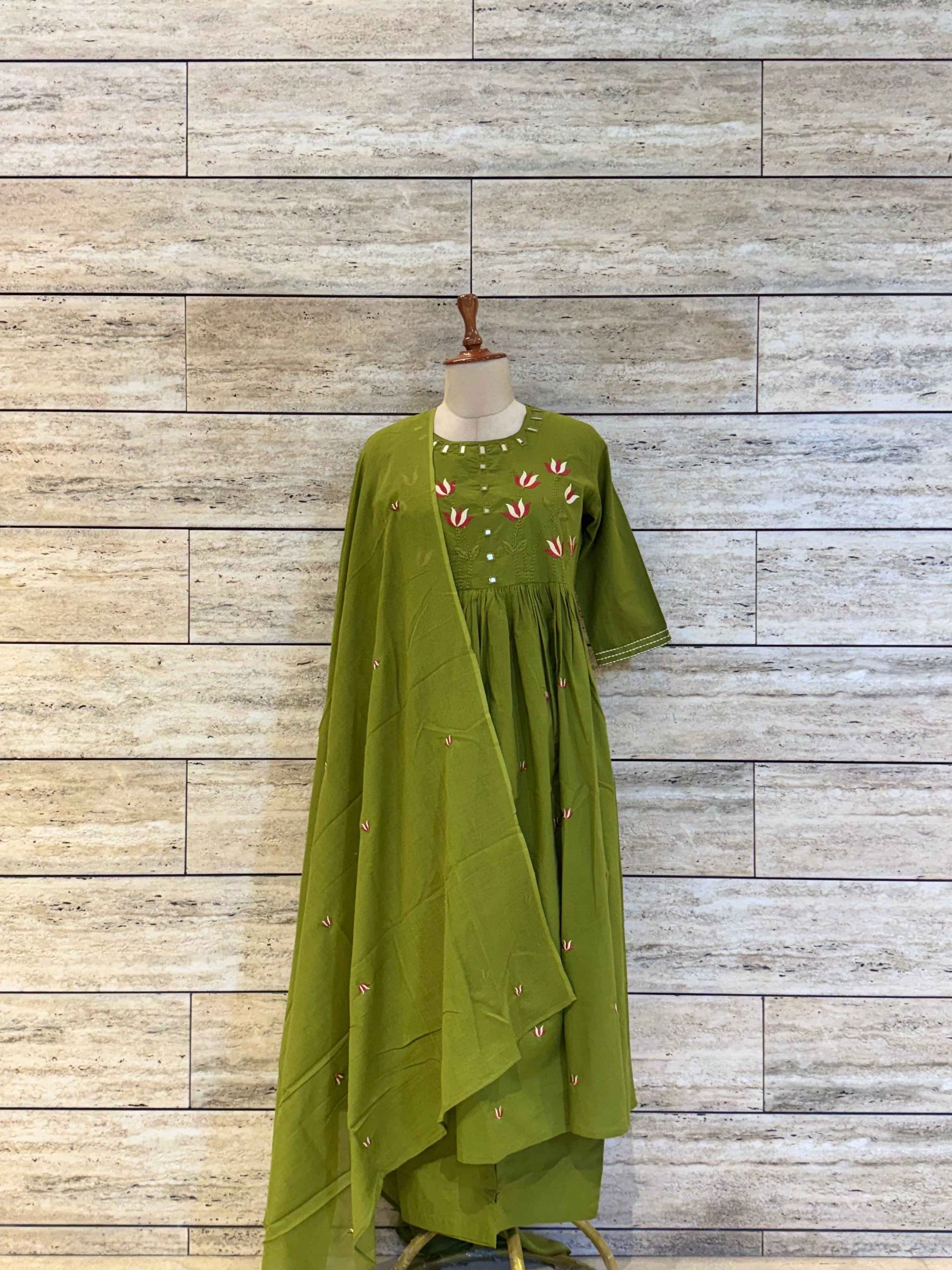 Pure Cotton A Line Dupatta Set With Embroidery Work CS085