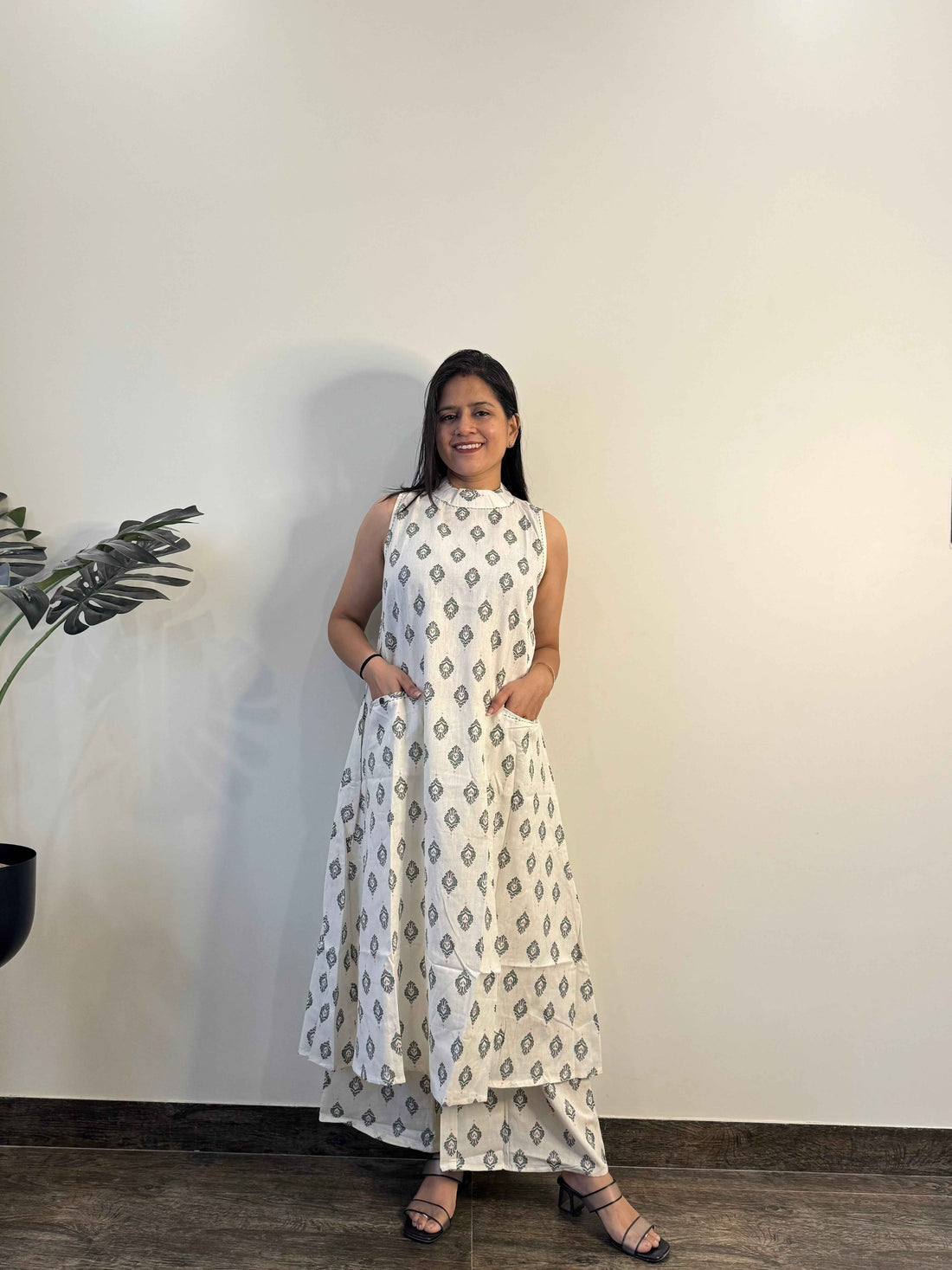 Pure Cotton A Line Two Piece Pant Set With Palazzo