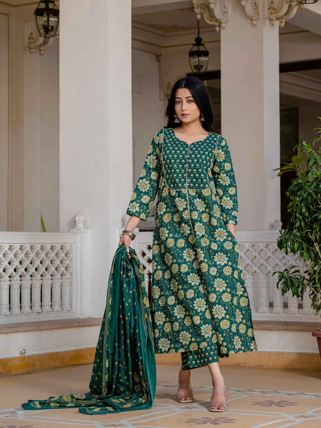 Cotton A Line Three Piece Dupatta Set.