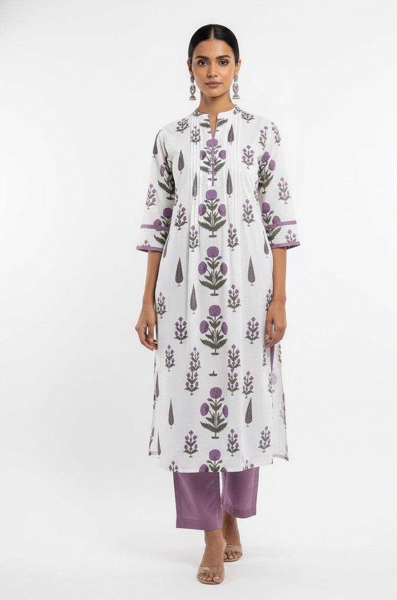 White Base Hand Block Cotton Suit   FL028