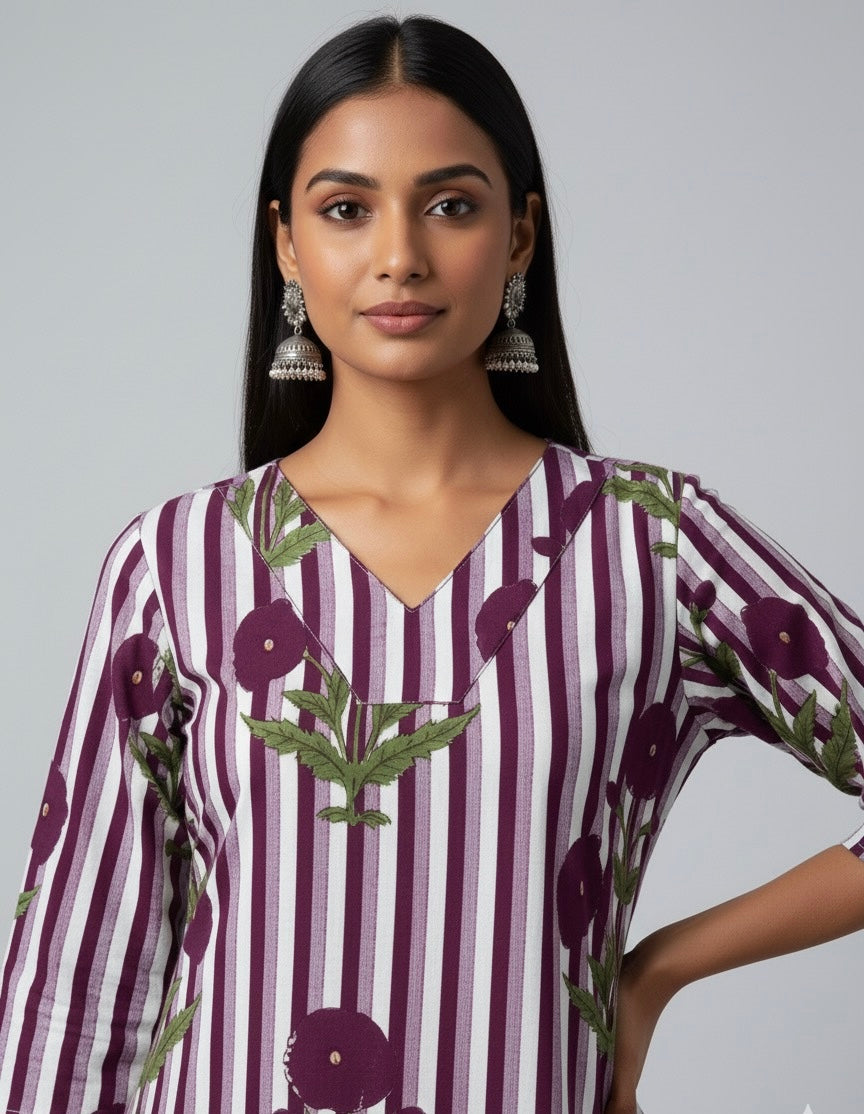 Stripes Print Pure Cotton Two Piece Pant Set - FL0101