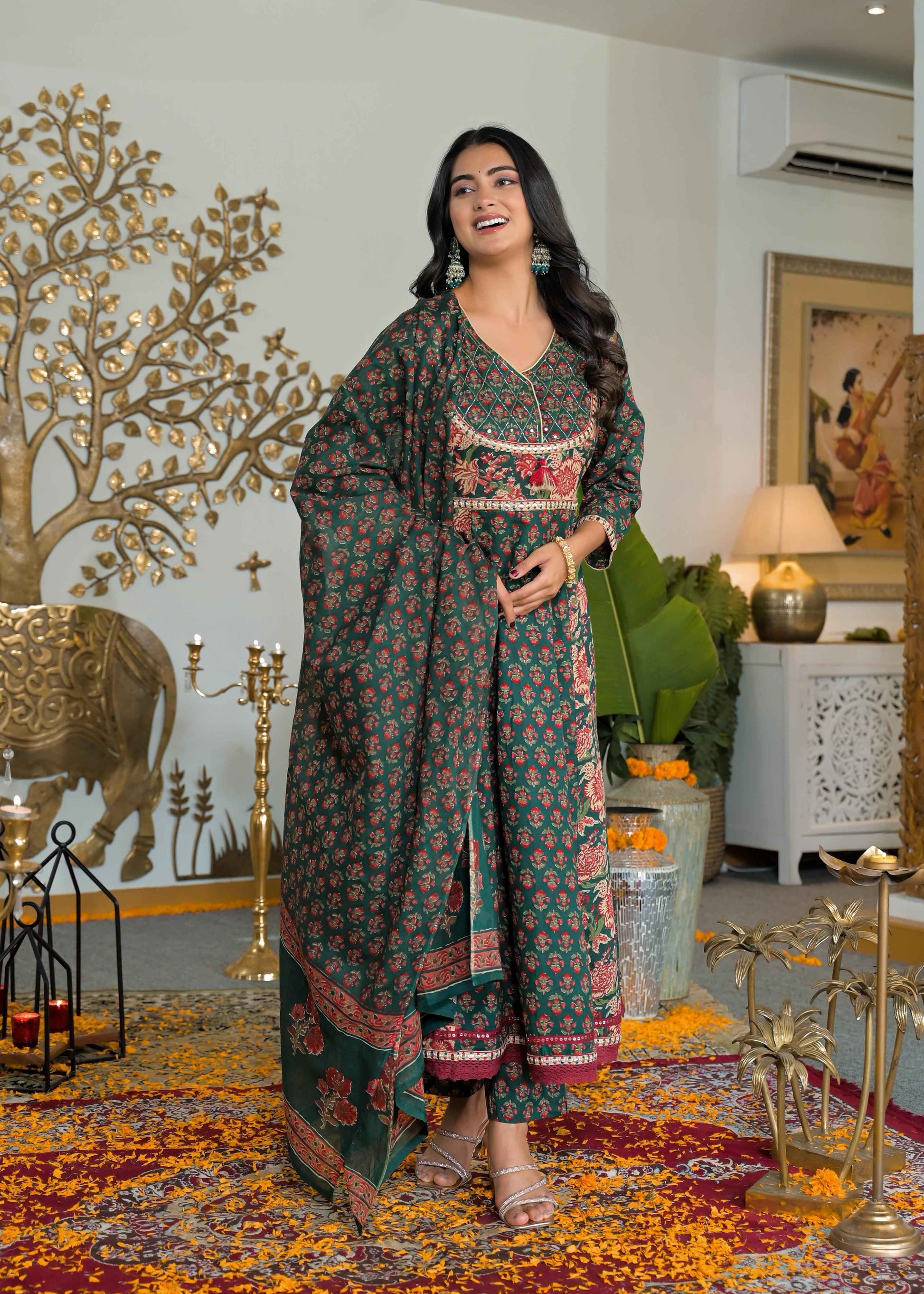 Cotton Block Print Anarkali Duppata Set