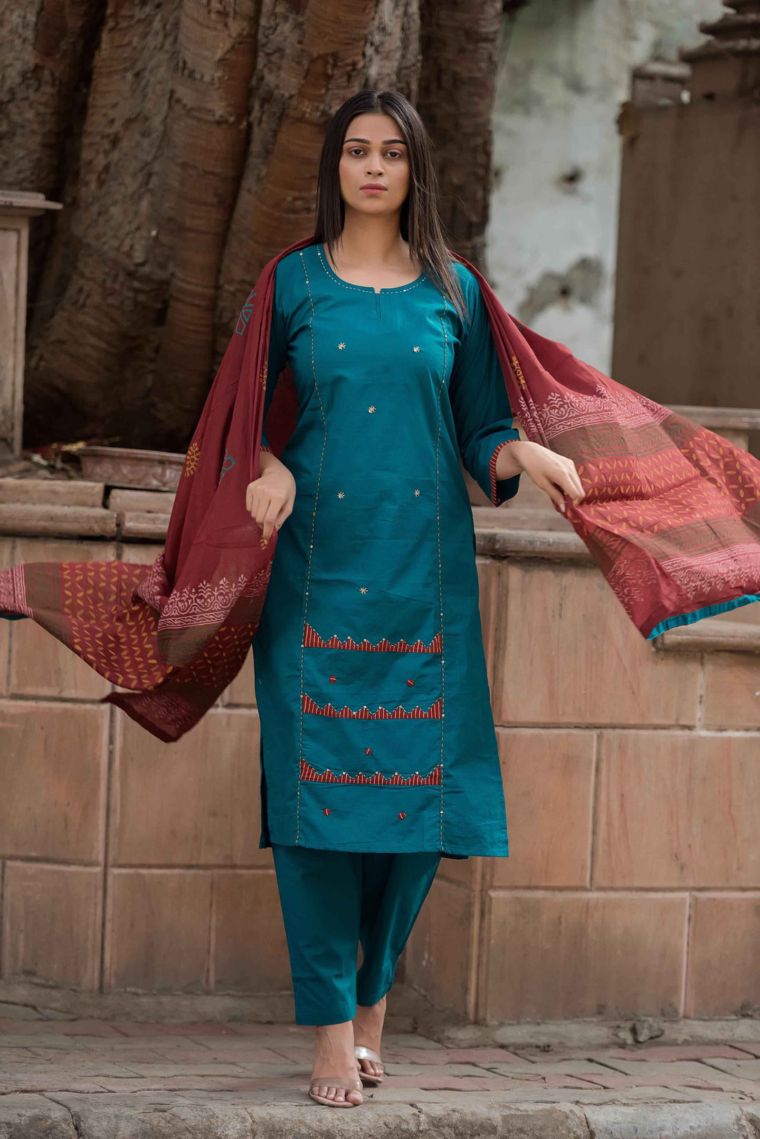 Applique Work Multicoloured Solid Base Cotton Dupatta Set CS078