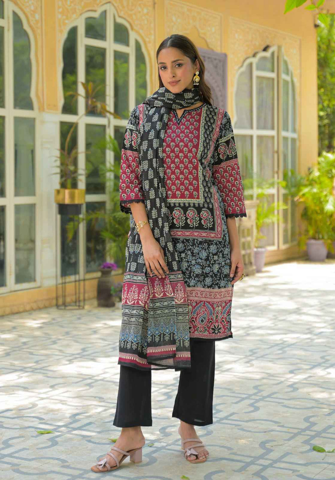 Ajrakh Print Pure Cotton Suit In Black CS077