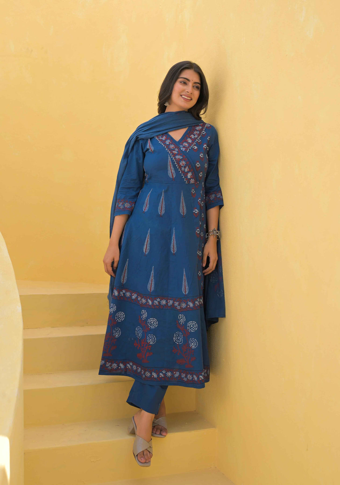 Navy Blue Pure Cotton Hand Block Anarkali Suit