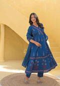 Navy Blue Pure Cotton Hand Block Anarkali Suit