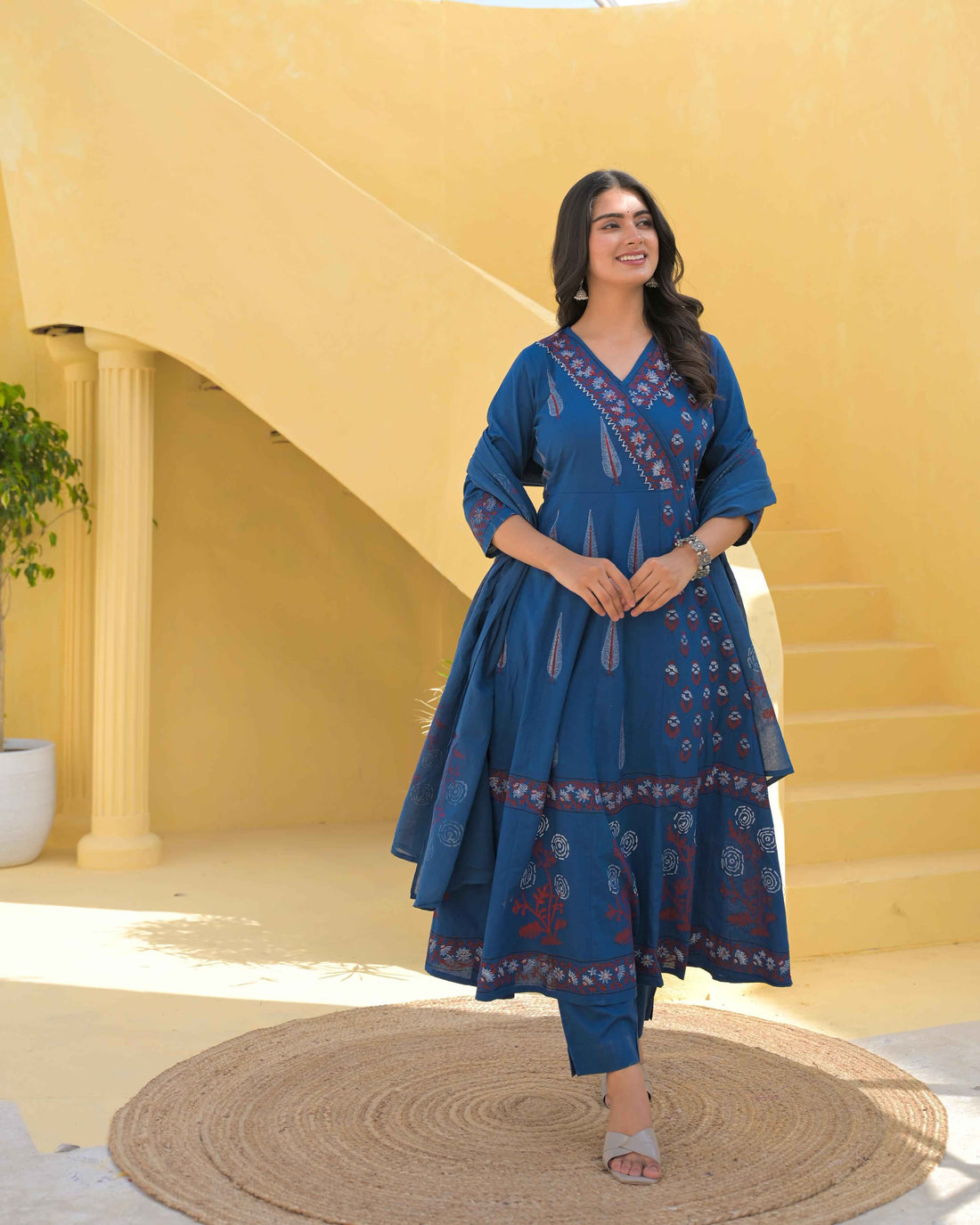 Navy Blue Pure Cotton Hand Block Anarkali Suit