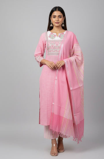 Pure hand loom Cotton Three Piece dupatta Set