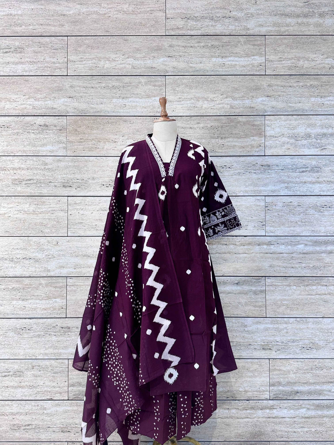 Ikkat Print Flaired Pattern Anarkali Suit In Pure Cotton