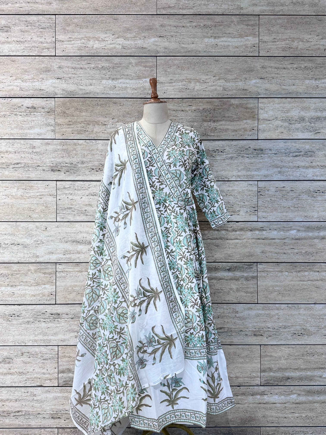 White Base Hand Block Floral Print Dupatta Set