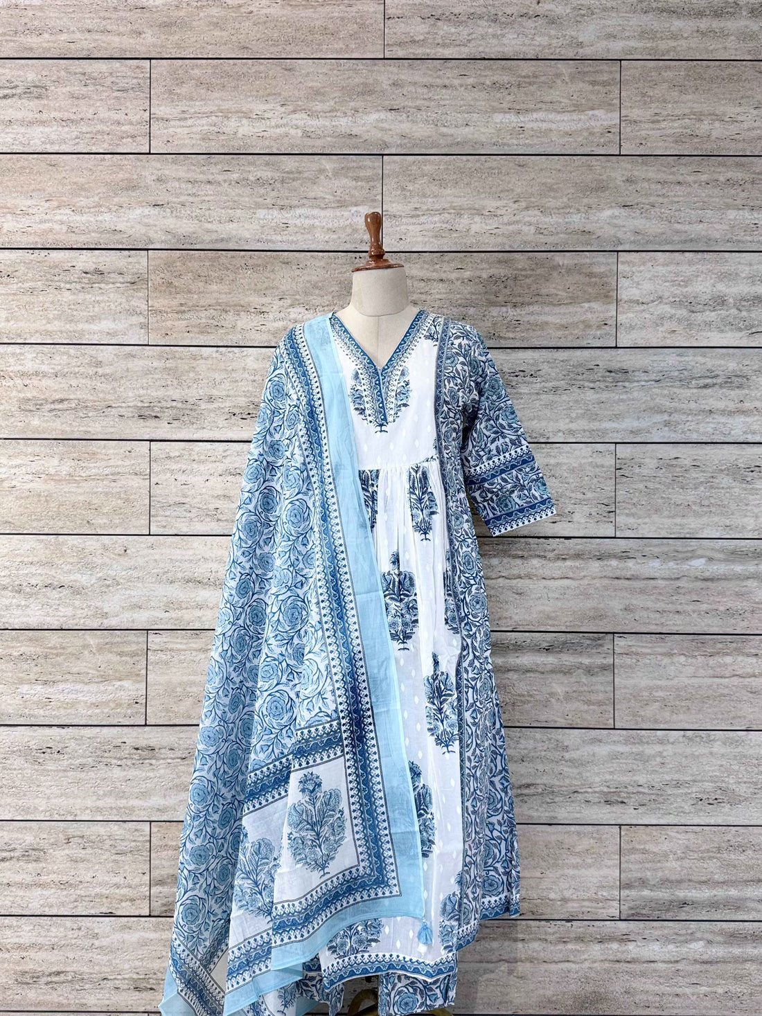 White Base Hand Block Jaal Print Anarkali suit.