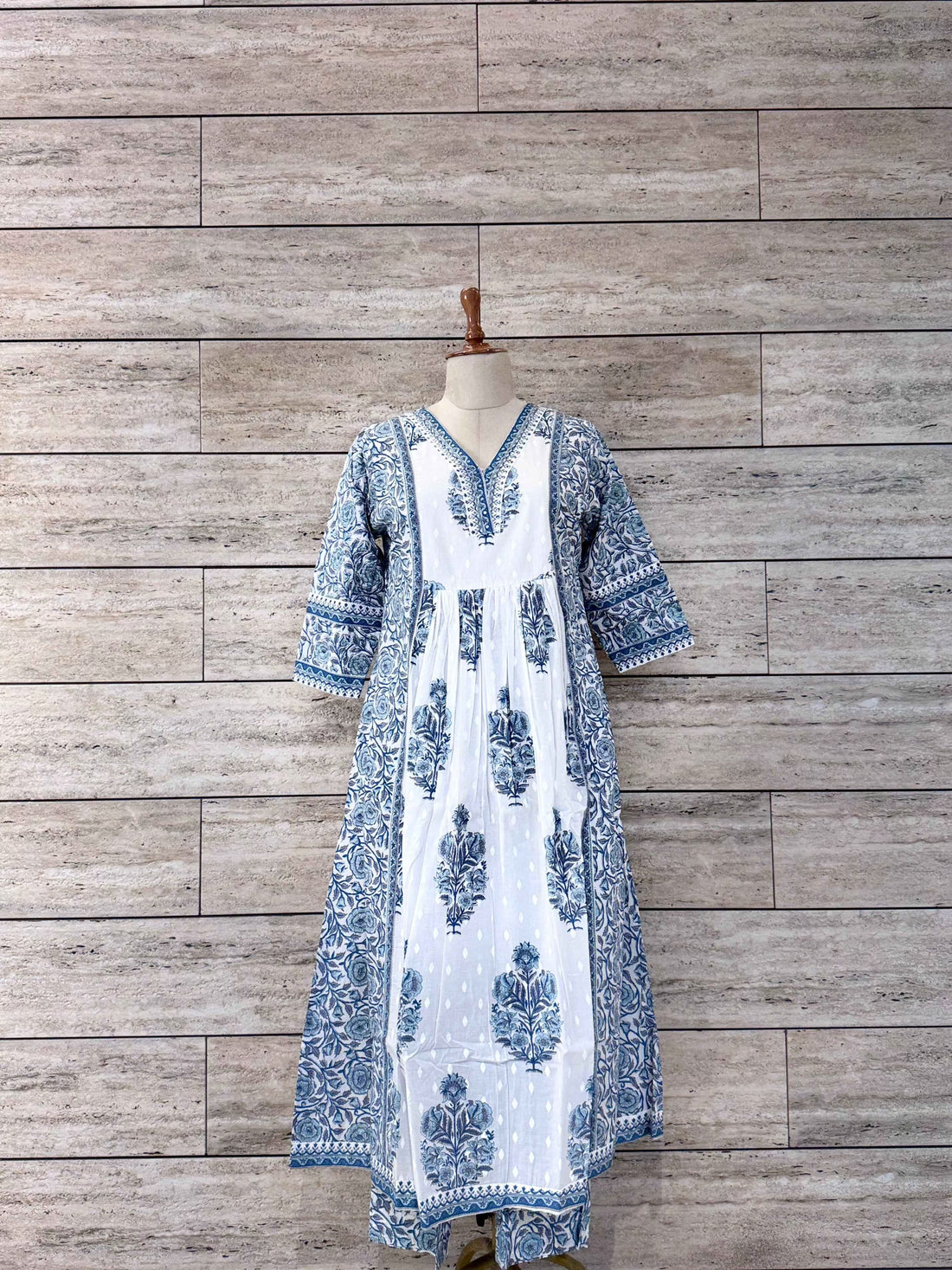 White Base Hand Block Jaal Print Anarkali suit.