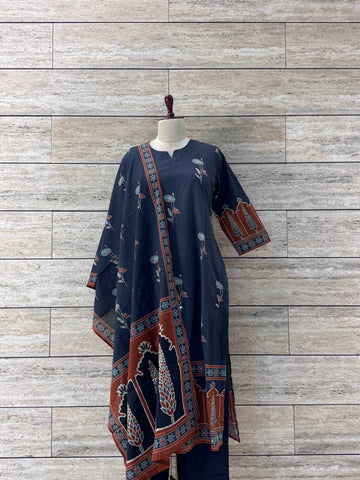 Three Piece Dupatta Set with Ajrakh Print