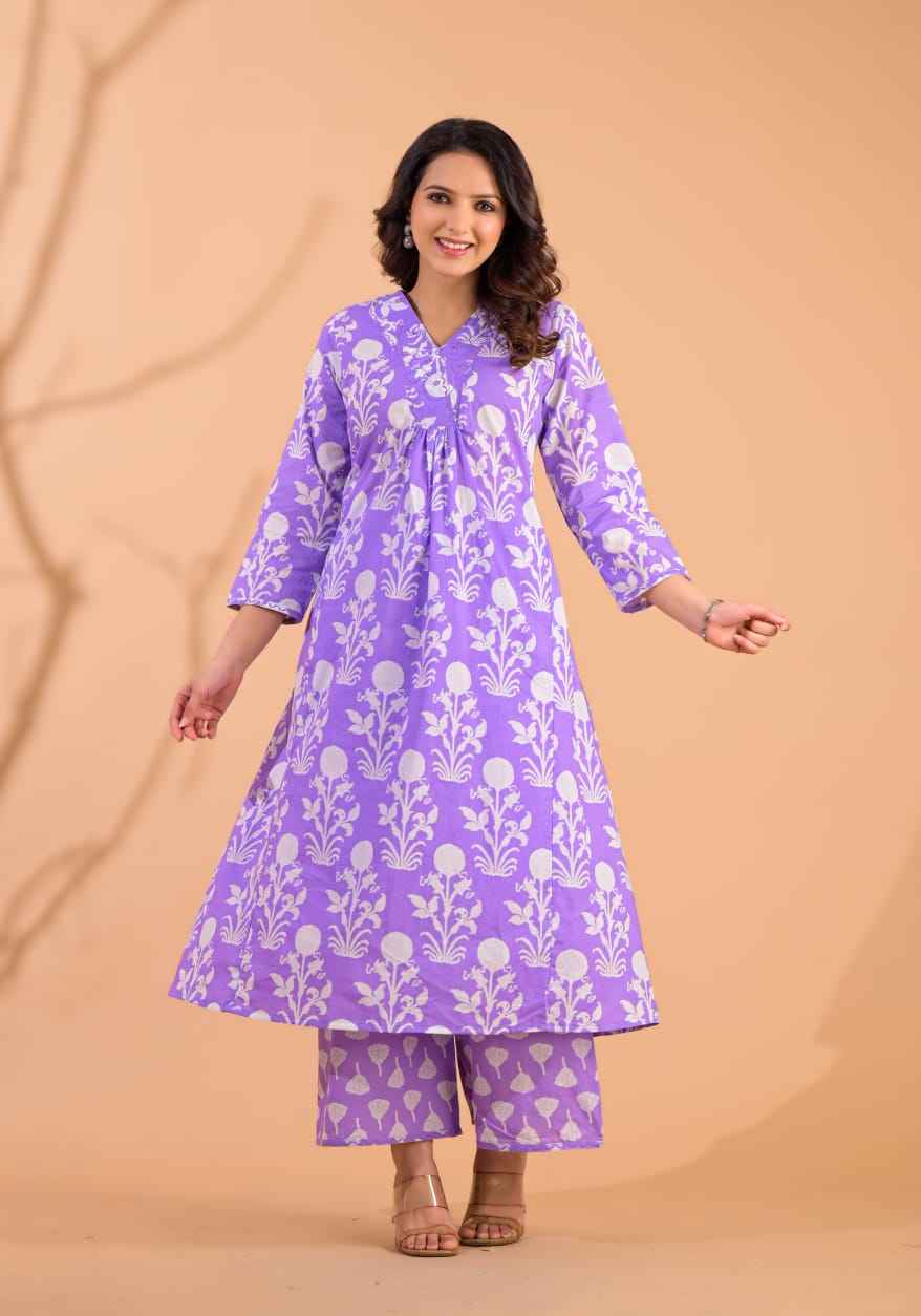 Flair Pattern Hand Block Pant Set with Plaazo