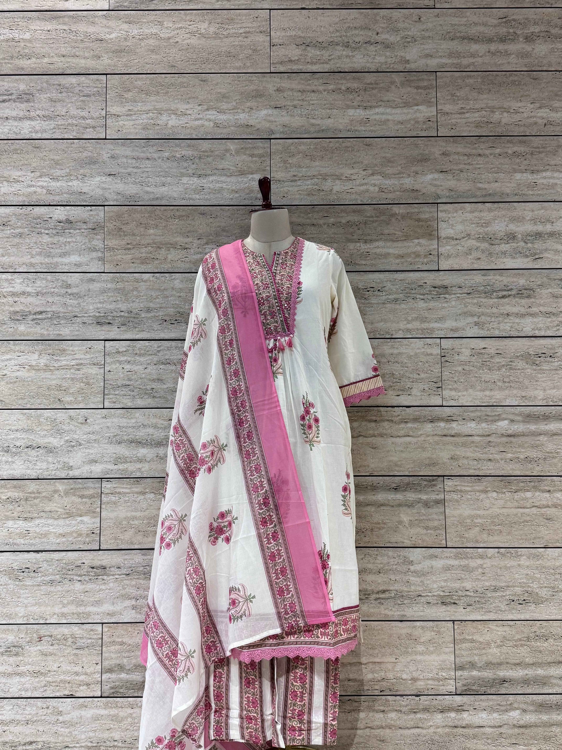 Pure Cotton Handblocked Three Piece Suit with Embroidered Neck