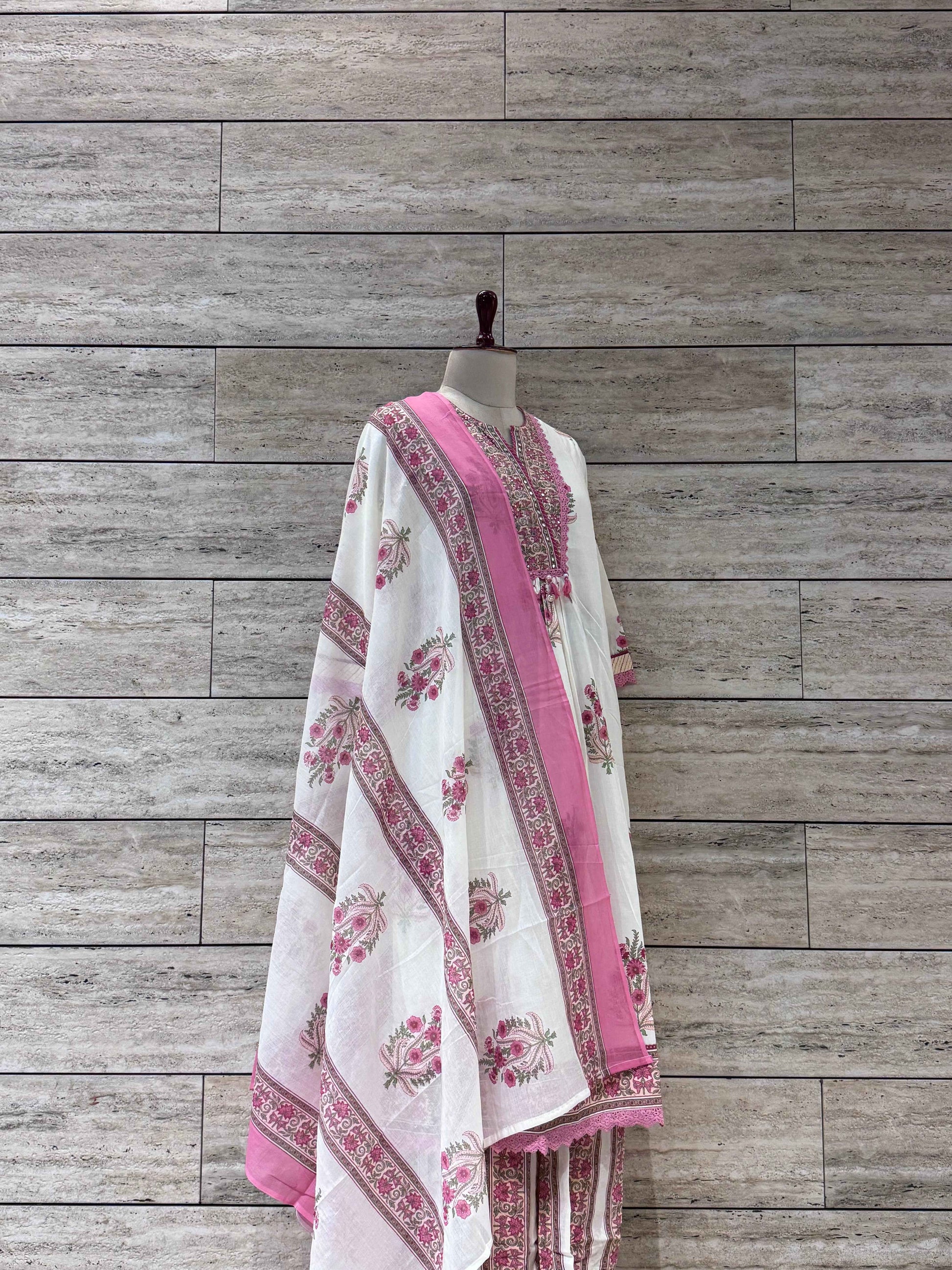 Pure Cotton Handblocked Three Piece Suit with Embroidered Neck