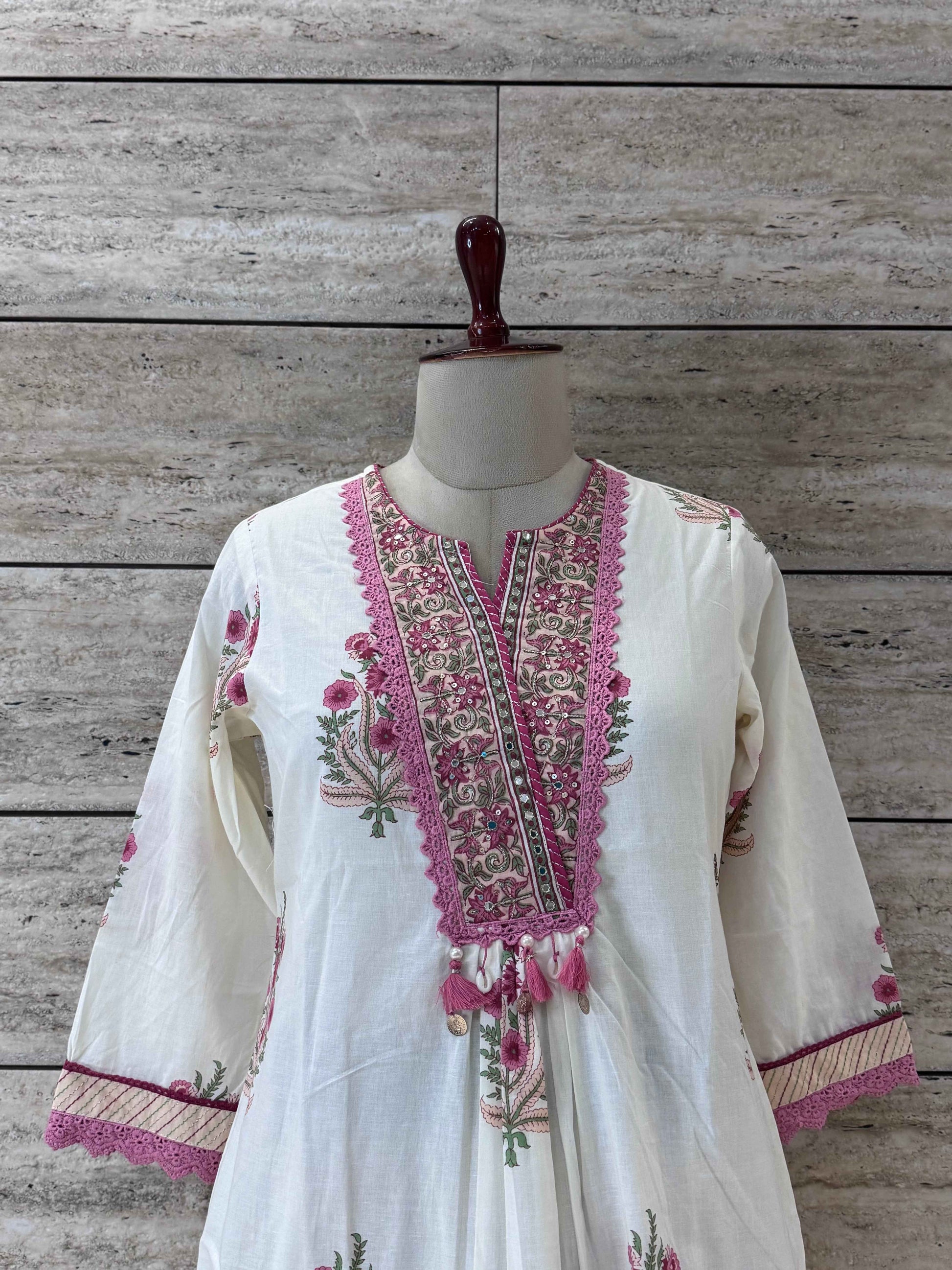Pure Cotton Handblocked Three Piece Suit with Embroidered Neck