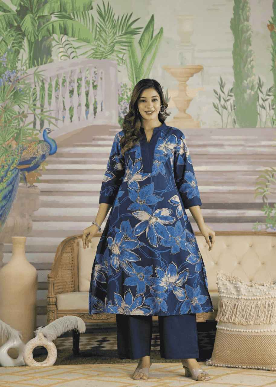 Pure Cotton Floral Print Pant Set with Plain Pants