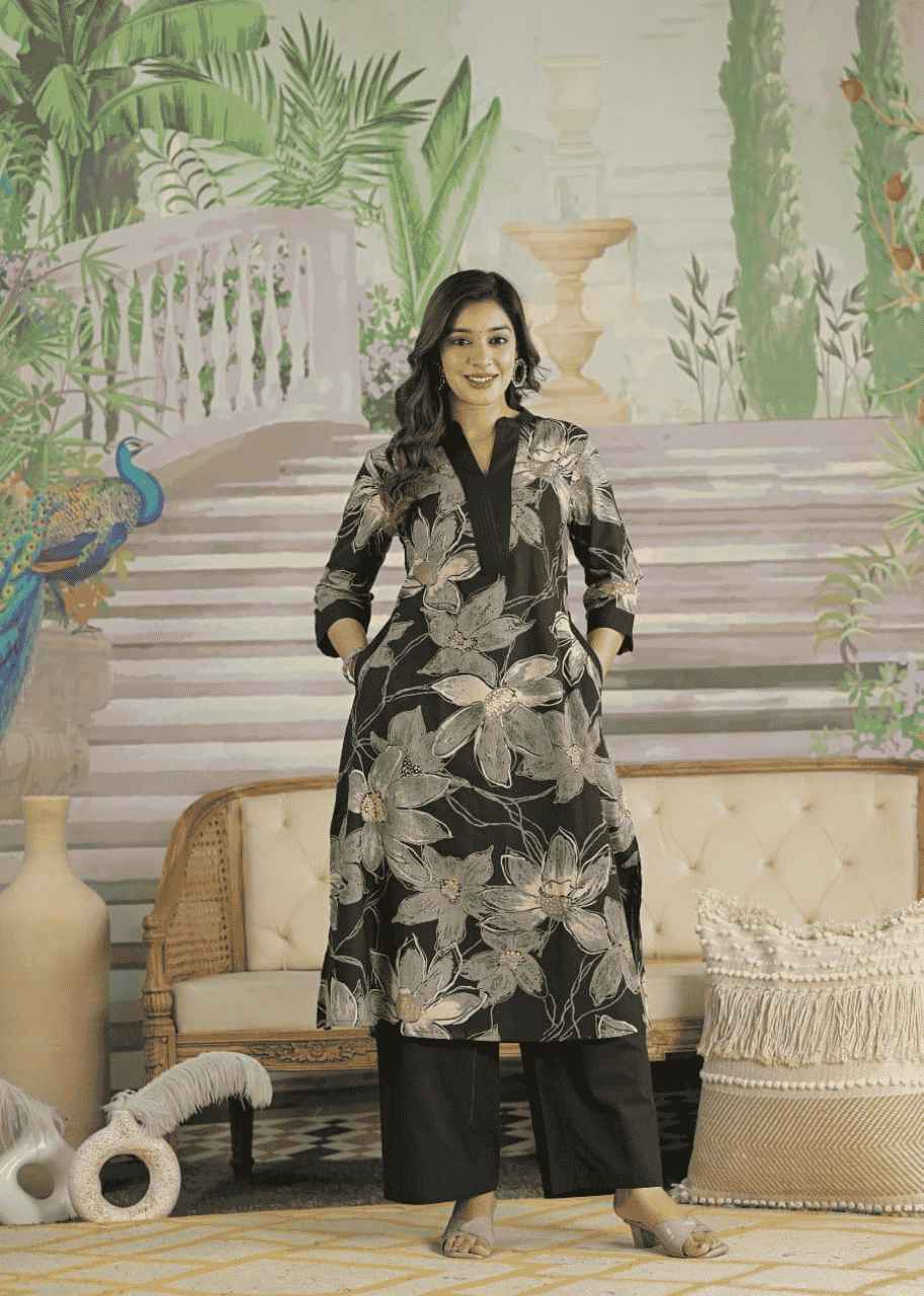 Pure Cotton Floral Print Pant Set with Plain Pants