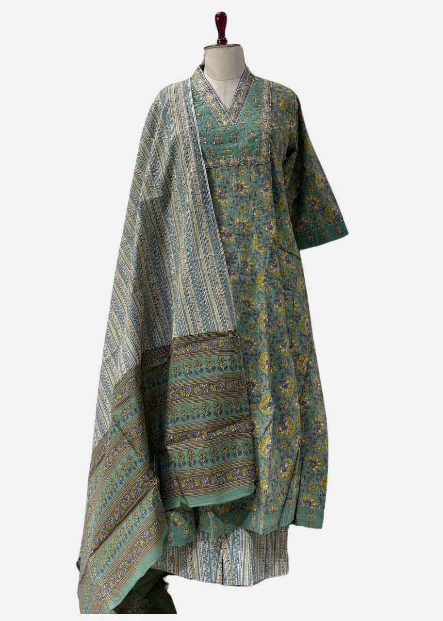 Green Hand Block Print Pure Cotton Anarkali Suit