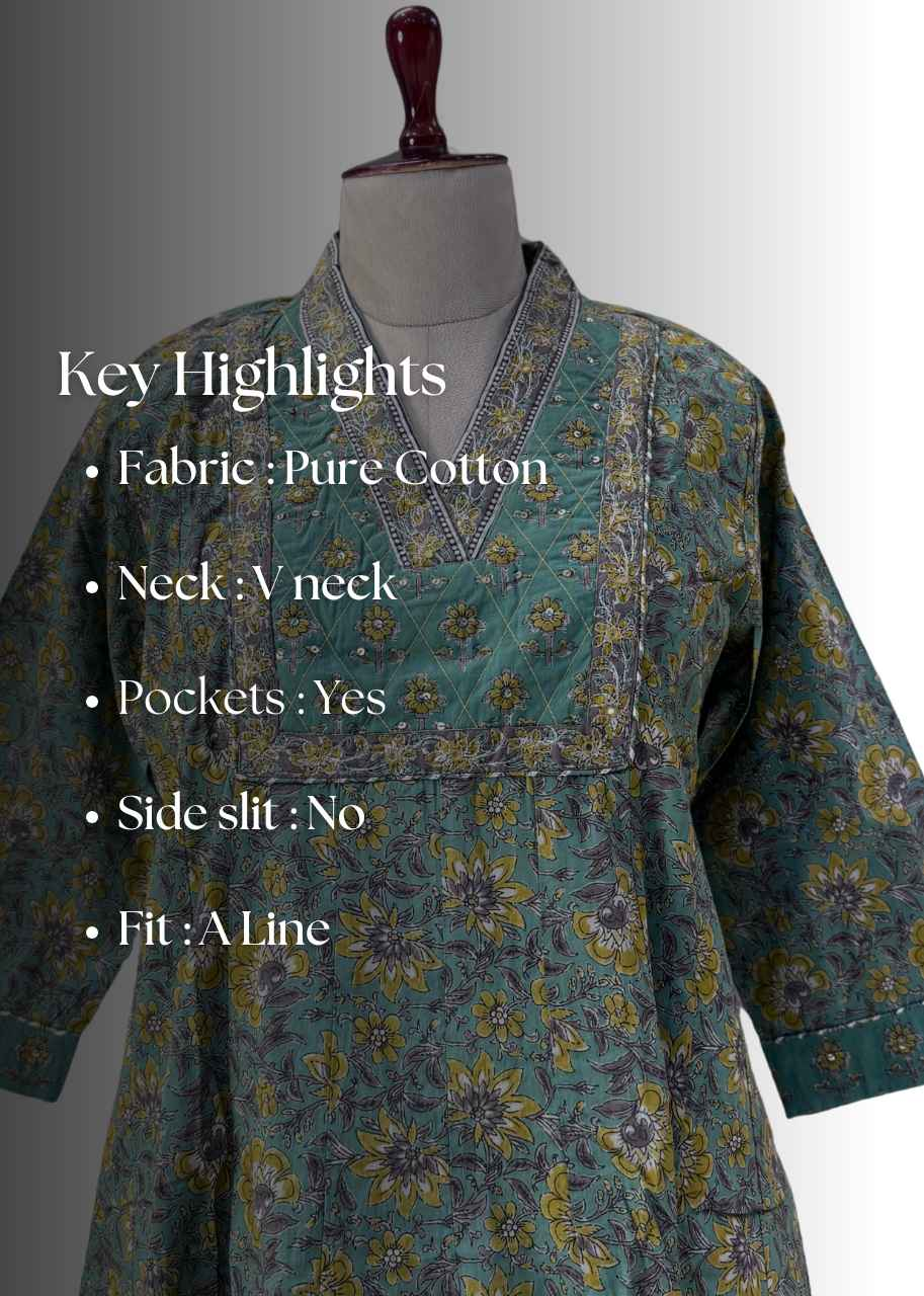 Green Hand Block Print Pure Cotton Anarkali Suit