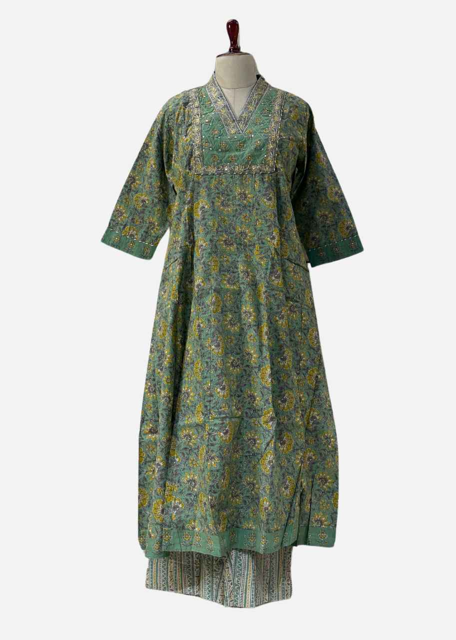Green Hand Block Print Pure Cotton Anarkali Suit