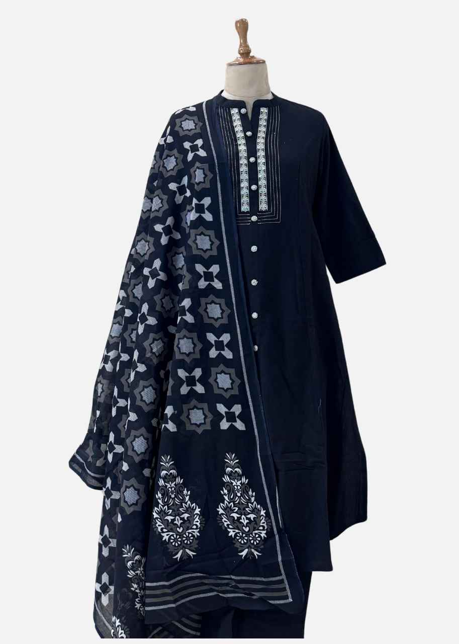 Solid Base A Line Cotton Suit with Mandarin Collar