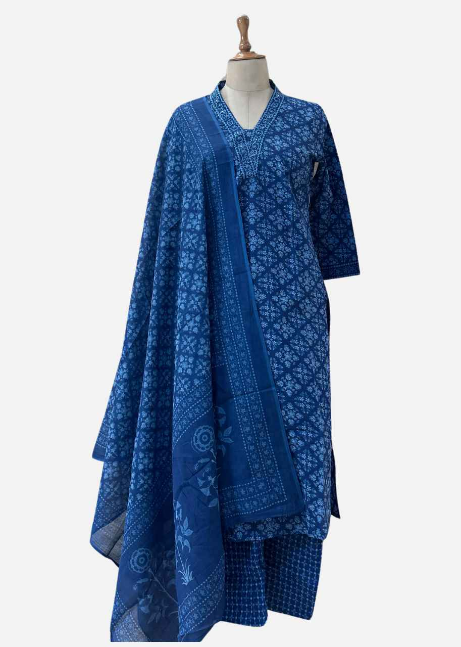 Kalamkari Print Pure Cotton Dupatta Set with V Neckline