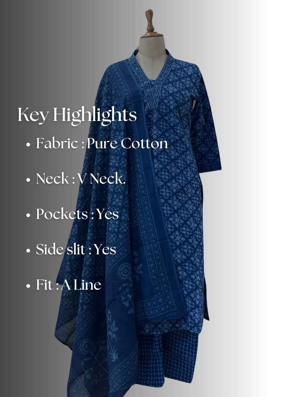 Kalamkari Print Pure Cotton Dupatta Set with V Neckline