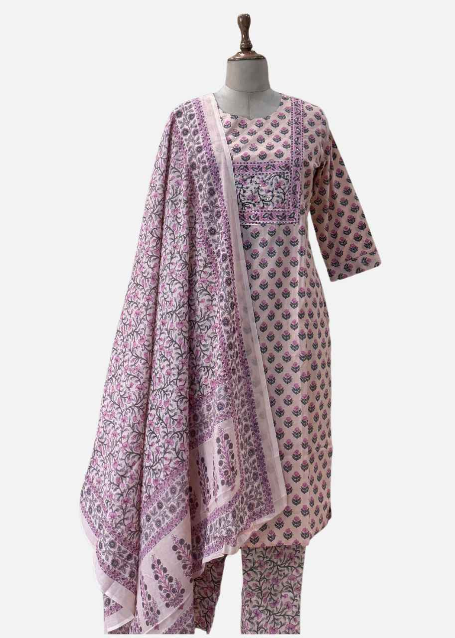 Light Peach Hand Block Cotton Suit with Round Neckline