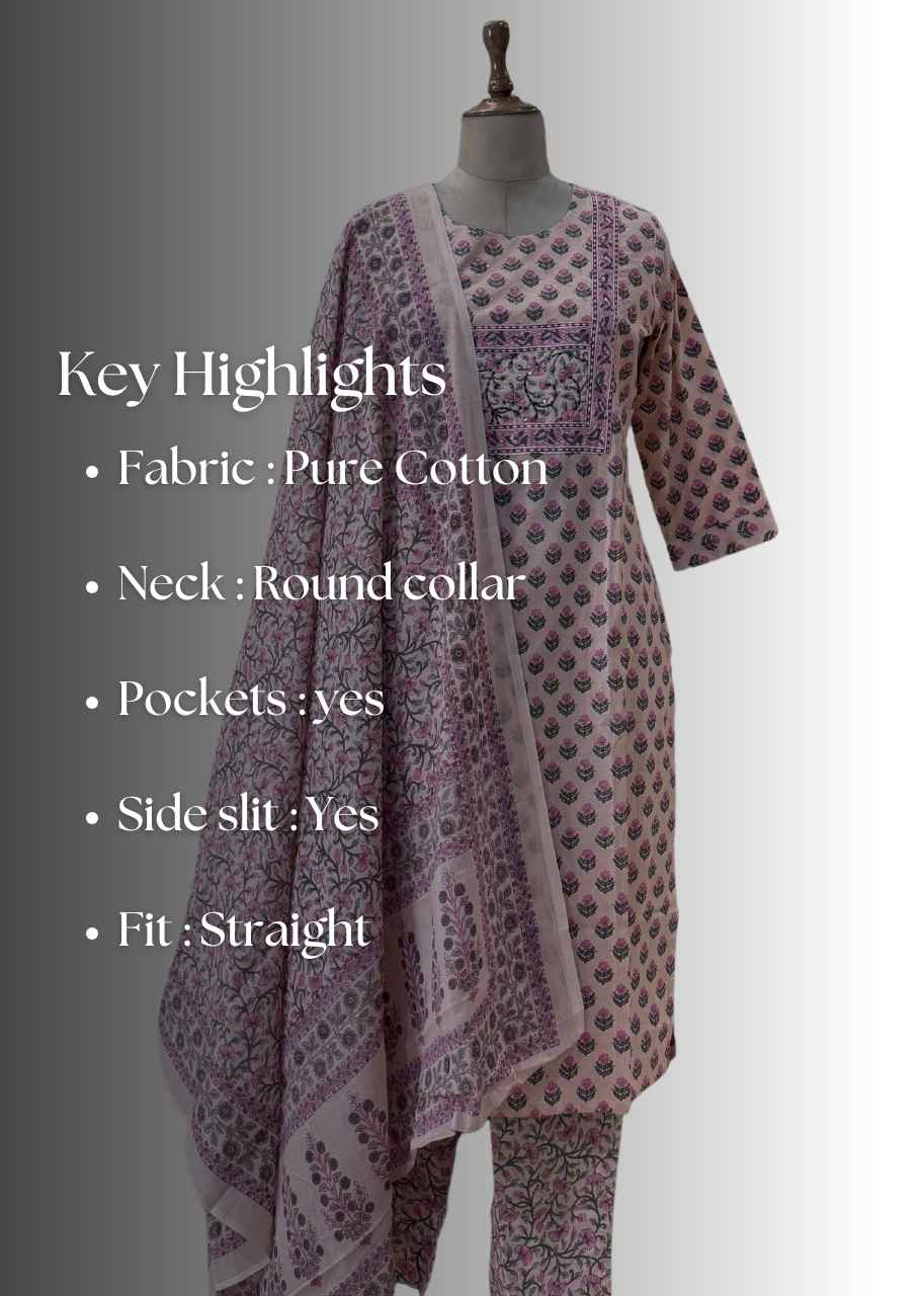 Light Peach Hand Block Cotton Suit with Round Neckline