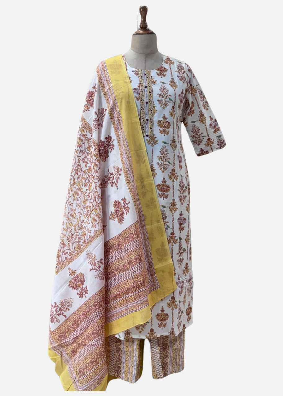 White Base Hand Block Print Pure Cotton Dupatta Set