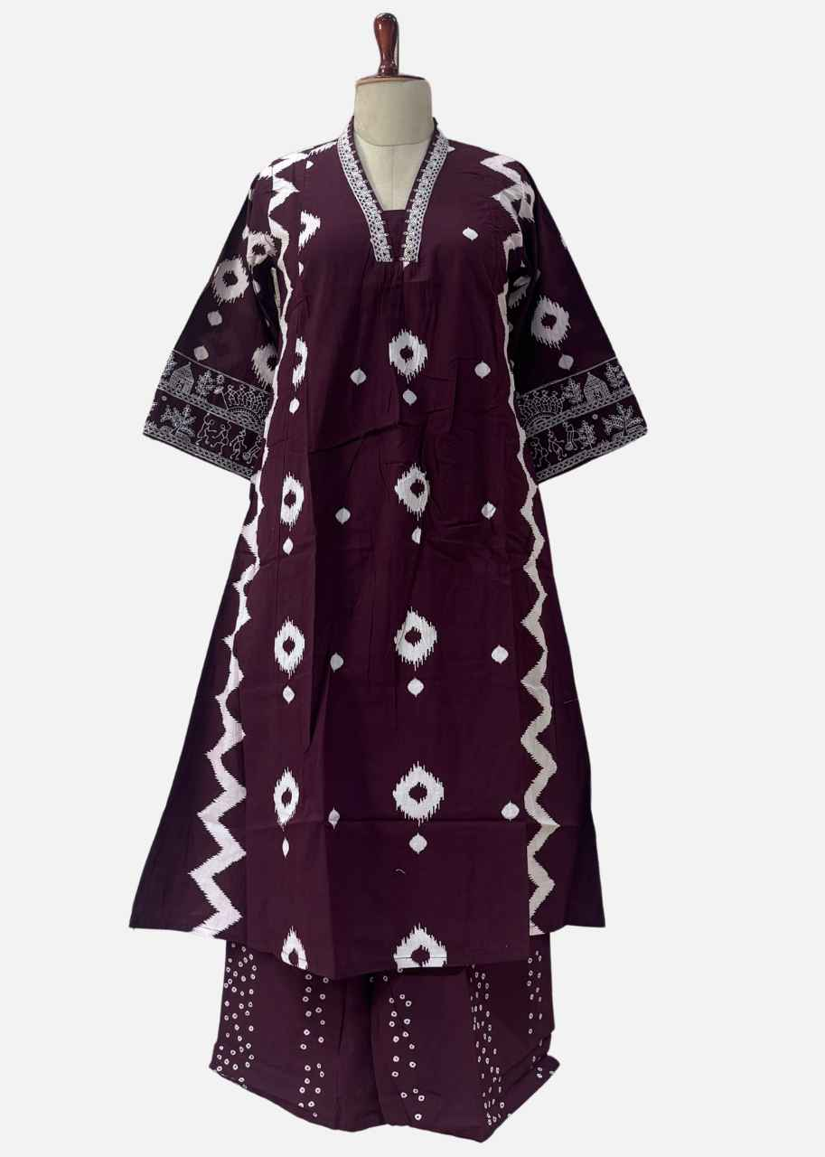 Blood Red A Line Ikkat Print Pure Cotton Anarkali Suit