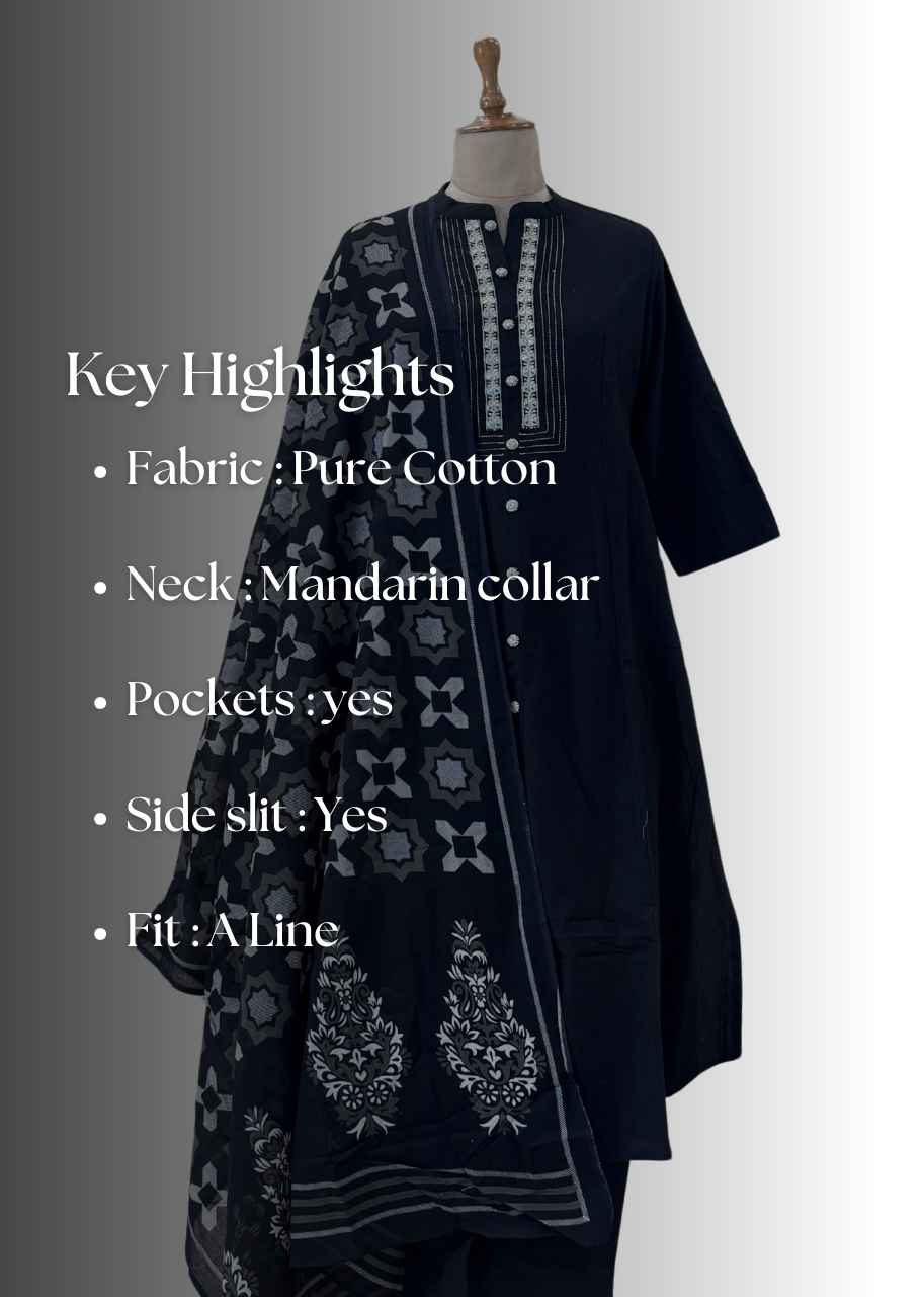 Solid Base A Line Cotton Suit with Mandarin Collar