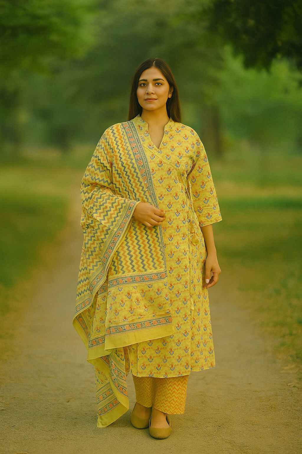 Three Piece Pure Cotton Angrakha Style Dupatta Set ANG002