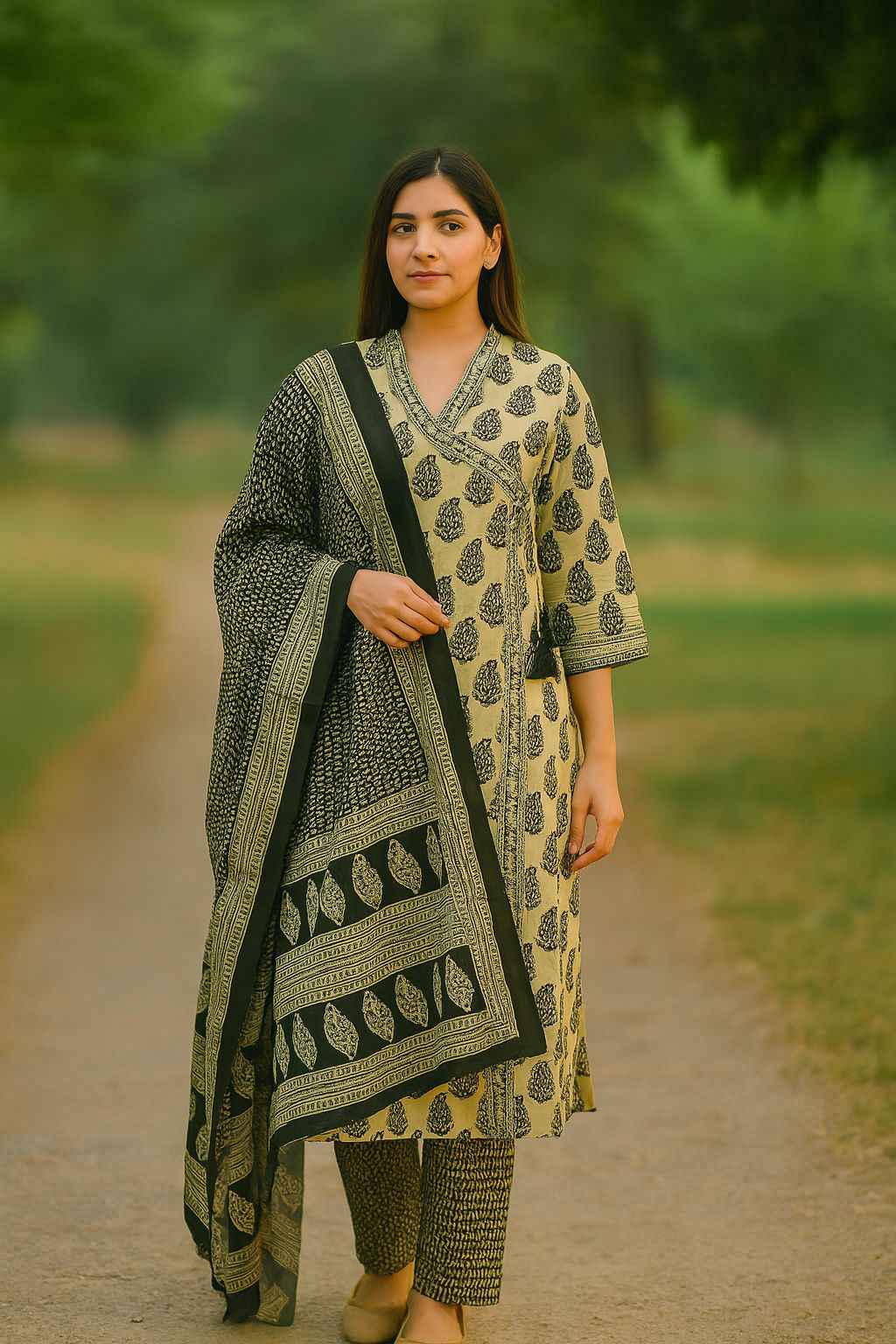 Three Piece Pure Cotton Angrakha Style Dupatta Set ANG005