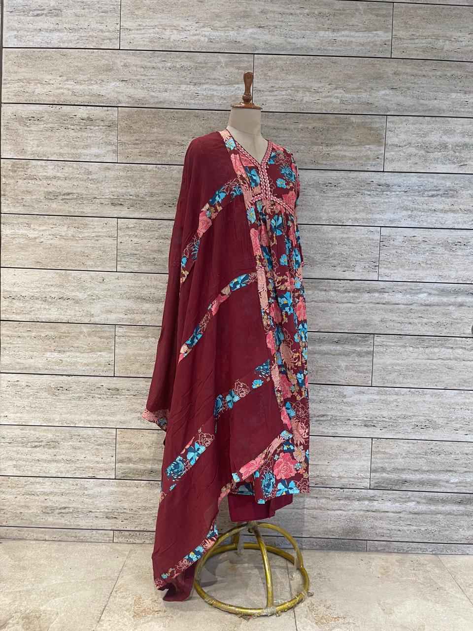 Pure Cotton A Line Three Piece Anarkali Dupatta Set