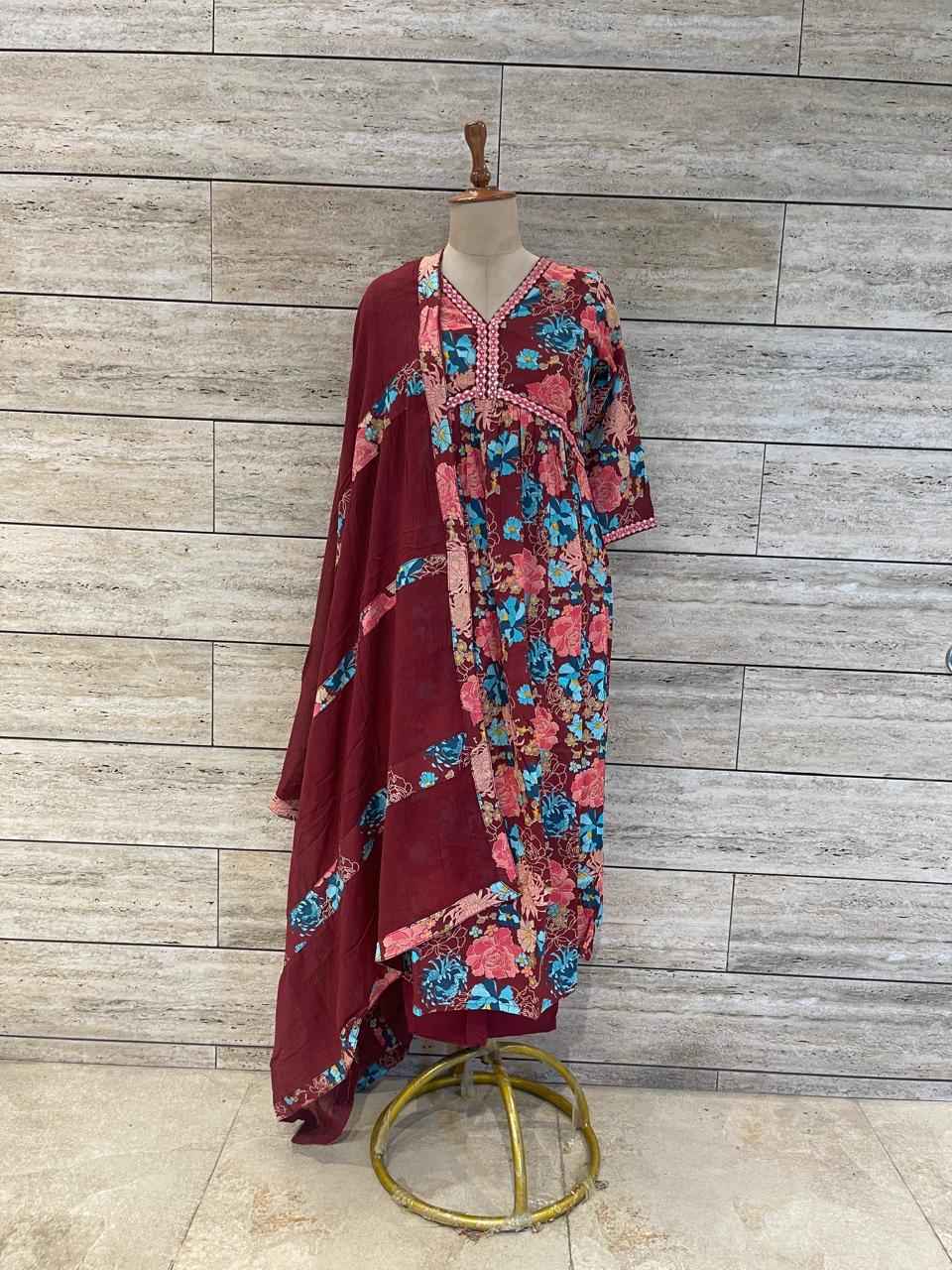 Pure Cotton A Line Three Piece Anarkali Dupatta Set