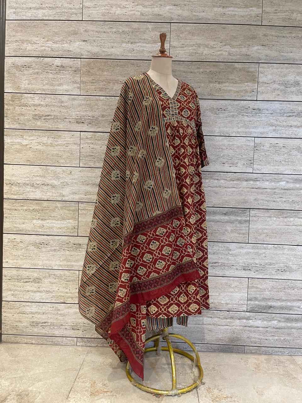 Pure Cotton A Line Three Piece Dupatta Set