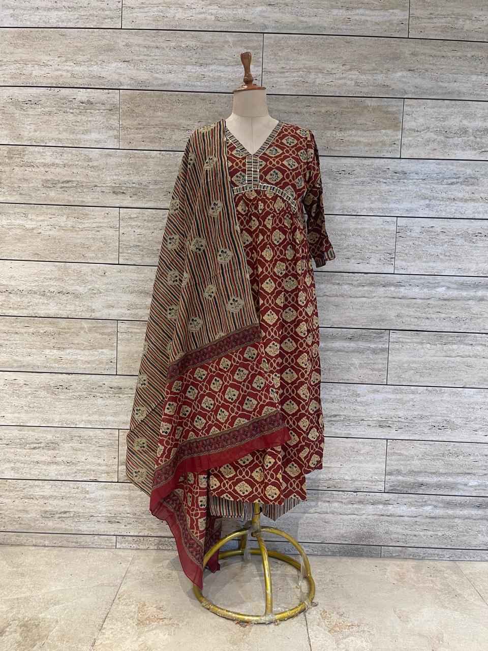 Pure Cotton A Line Three Piece Dupatta Set