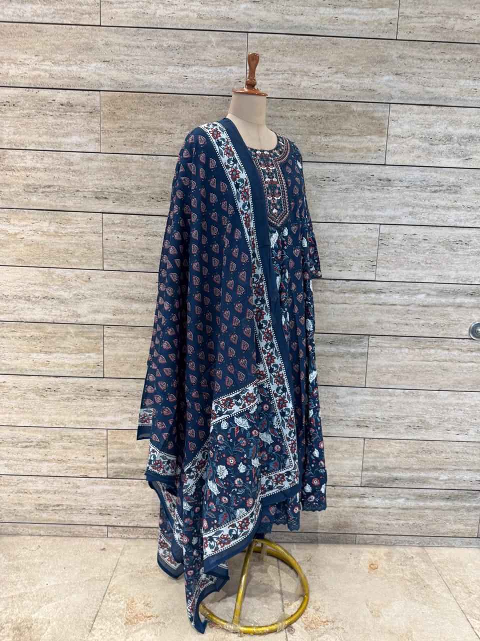 Deep Blue Pure Cotton Three Piece Anarkali Suits