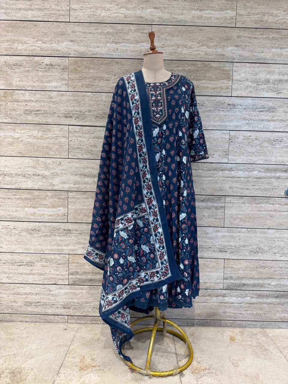 Deep Blue Pure Cotton Three Piece Anarkali Suits