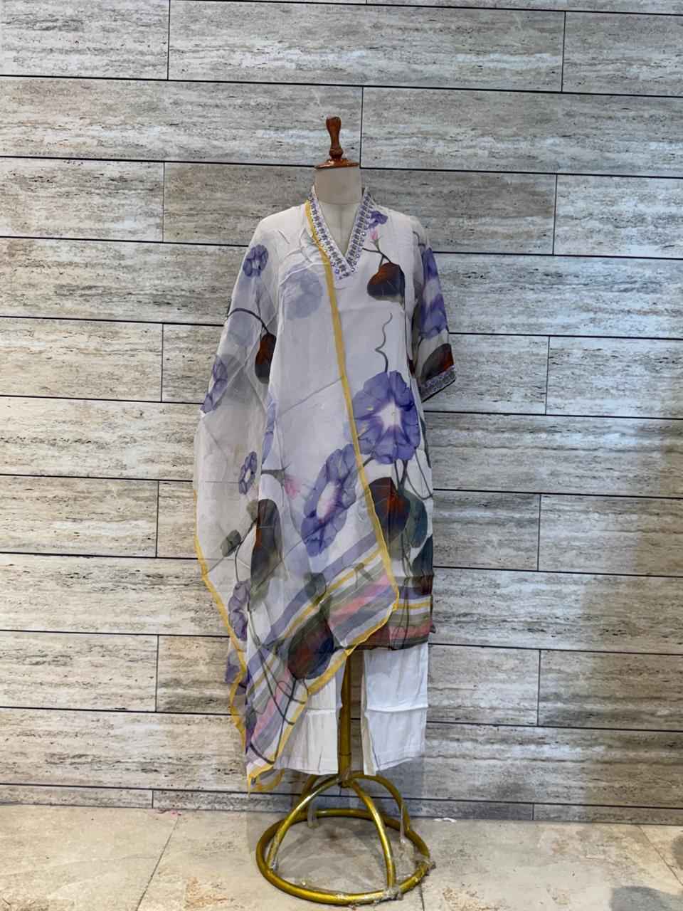 Festival Wear V Neck Organza Dupatta Set