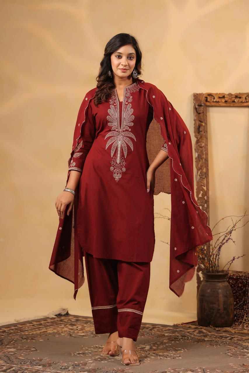 Embroidered Cotton Suit Farsi Pant Set with Dupatta