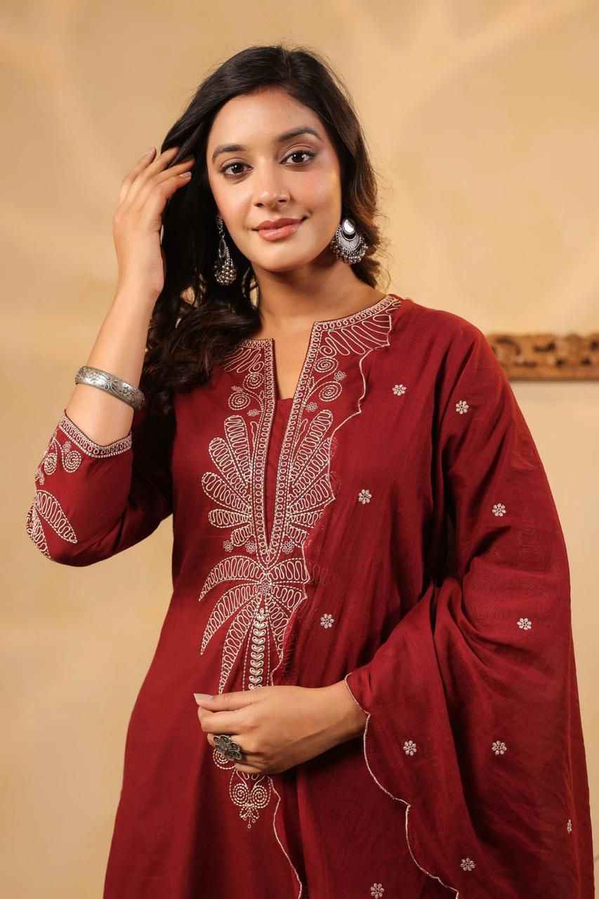 Embroidered Cotton Suit Farsi Pant Set with Dupatta