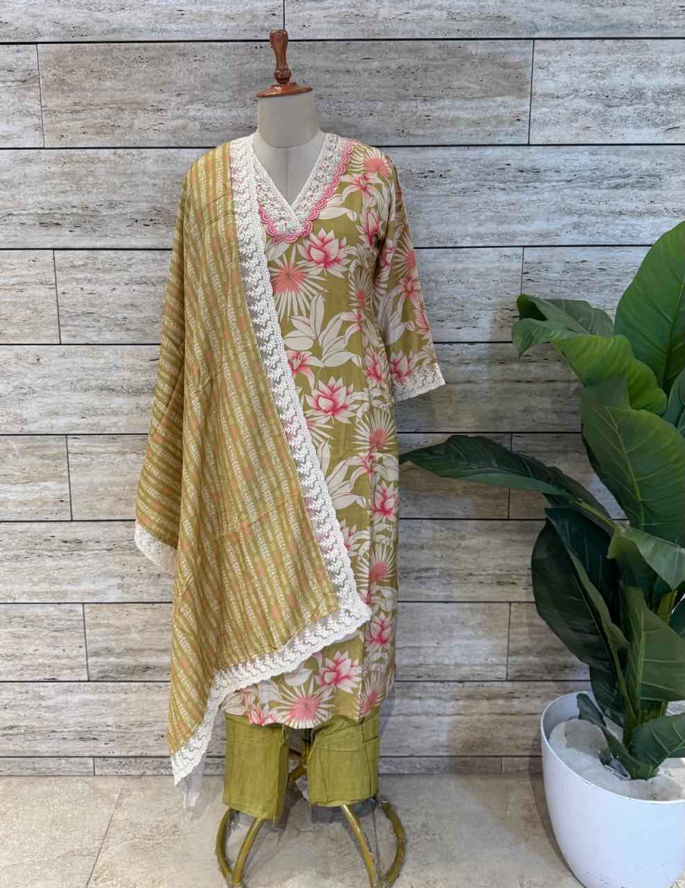 Festival Wear  Pure Muslin Three Piece  Floral Print Dupatta Set